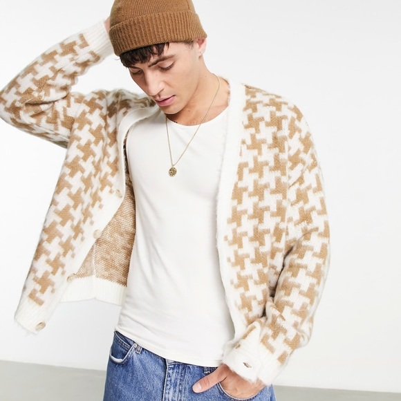 Houndstooth ASOS DESIGN knitted plush cardigan in geo design XL - Picture 1 of 8